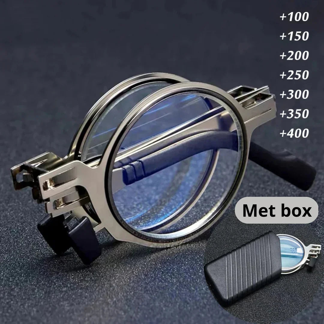 Travel-friendly folding reading glasses, silver metal frame, and compact design with protective carrying case.