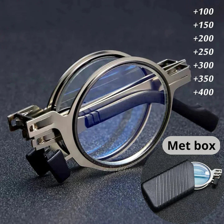 Travel-friendly folding reading glasses, silver metal frame, and compact design with protective carrying case.