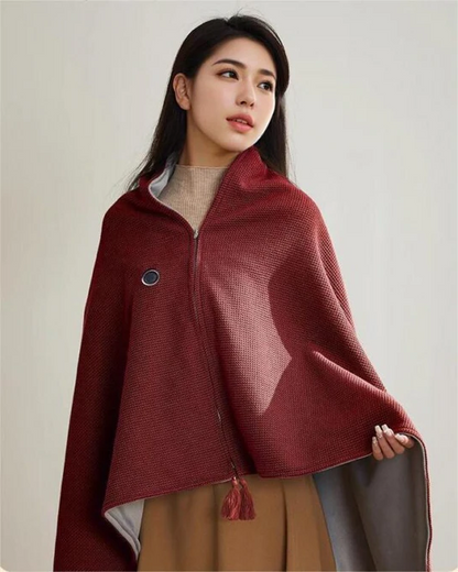 Unisex portable heated shawl blanket, USB powered fleece for cozy warmth at home, office, or travel.