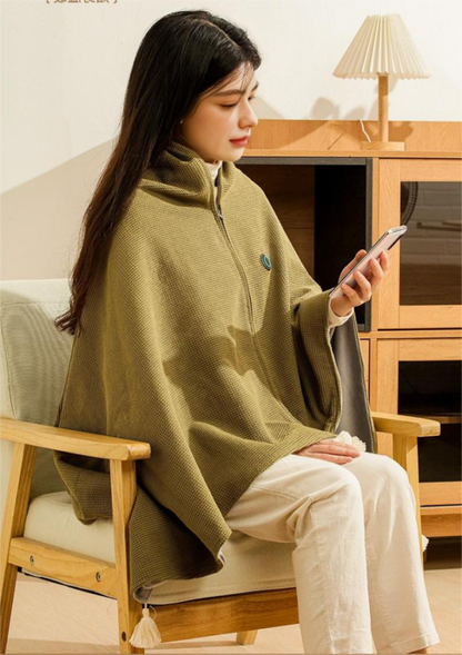 Warm portable heated blanket shawl, USB powered for winter comfort. Unisex design for travel & home.