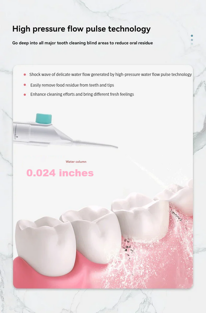 Portable high-pressure water flosser next to a toothbrush, enhancing daily oral care & teeth cleaning routine.