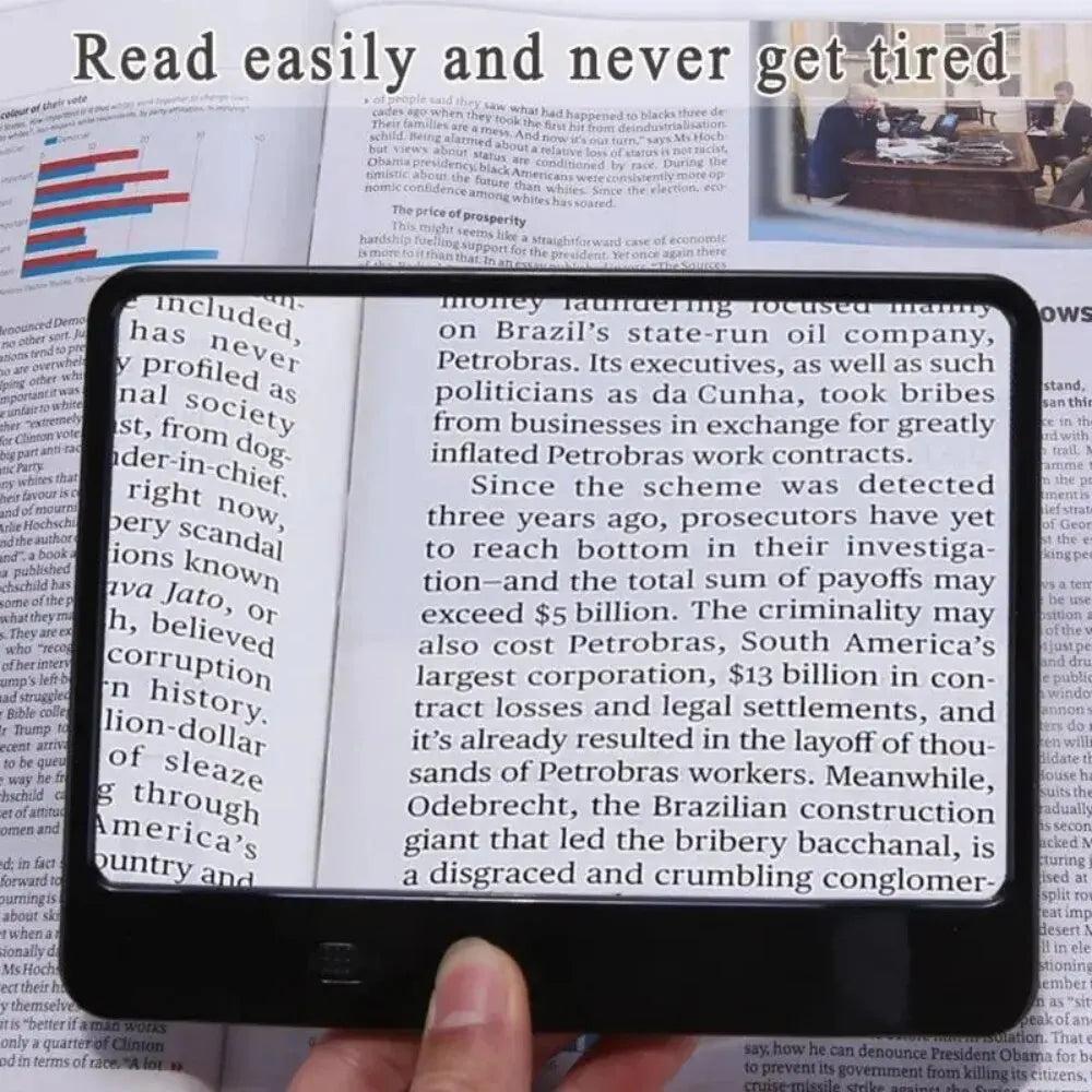 Bright LED light illuminates text under a portable reading magnifier, ideal for low vision.