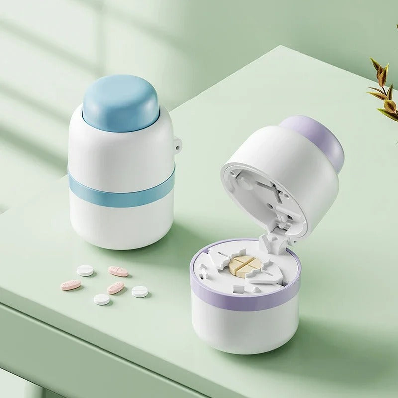 Unisex portable pill cutter and splitter with built-in storage. Ideal for daily medication and travel.