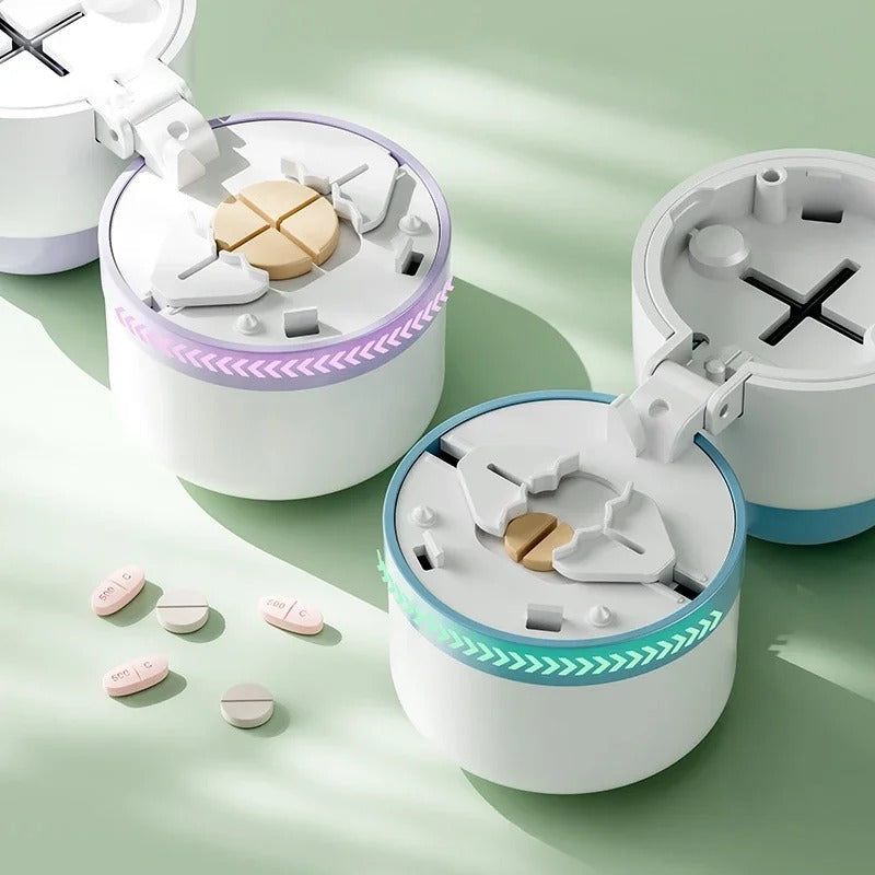 Safe pill cutter and splitter for precise medication dosage. Features a sharp blade and secure lid for management.