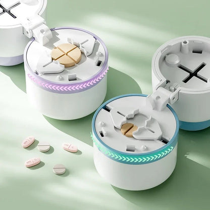 Safe pill cutter and splitter for precise medication dosage. Features a sharp blade and secure lid for management.