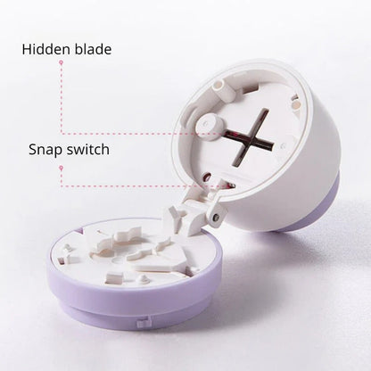 Compact pill splitter & medication organizer. Features storage compartment for daily vitamins & travel meds.