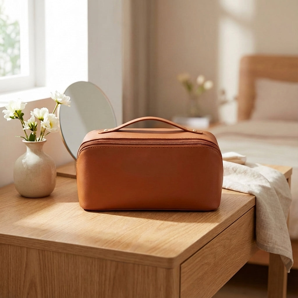 Unisex portable square travel makeup organizer. Spacious cosmetic bag for beauty essentials.