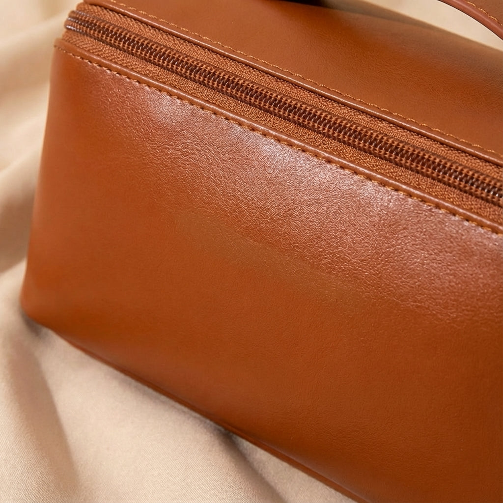Elegant square portable travel makeup organizer. Spacious beauty storage case for all cosmetics.