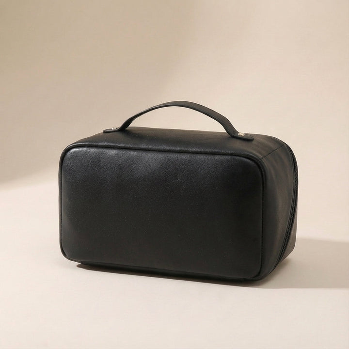 Durable square travel makeup organizer. Stylish unisex cosmetic bag for secure and elegant beauty storage.