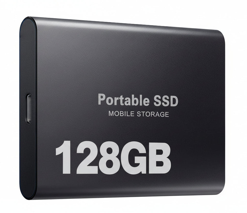 High-speed 128GB Portable SSD external hard drive for efficient data transfer; an essential computer accessory.