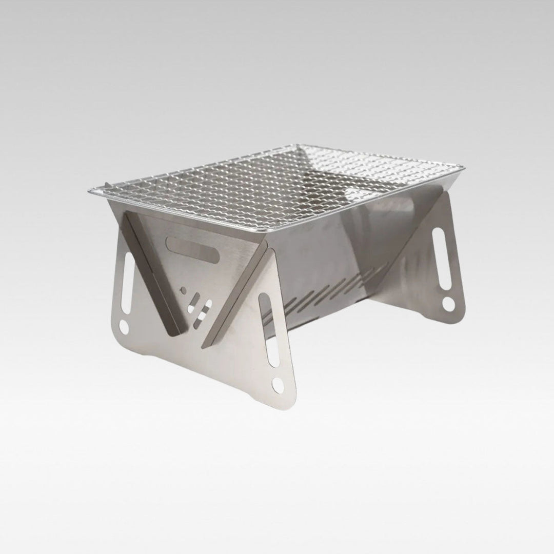 Unisex portable stainless steel camping grill, compact and folded for backpacking and outdoor cooking.