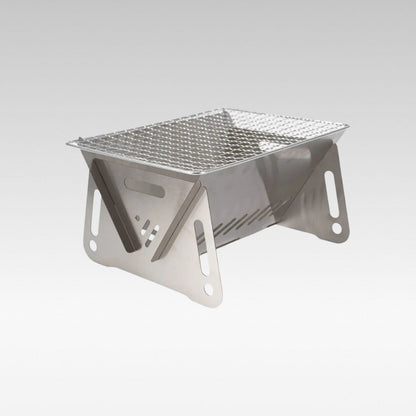 Unisex portable stainless steel camping grill, compact and folded for backpacking and outdoor cooking.