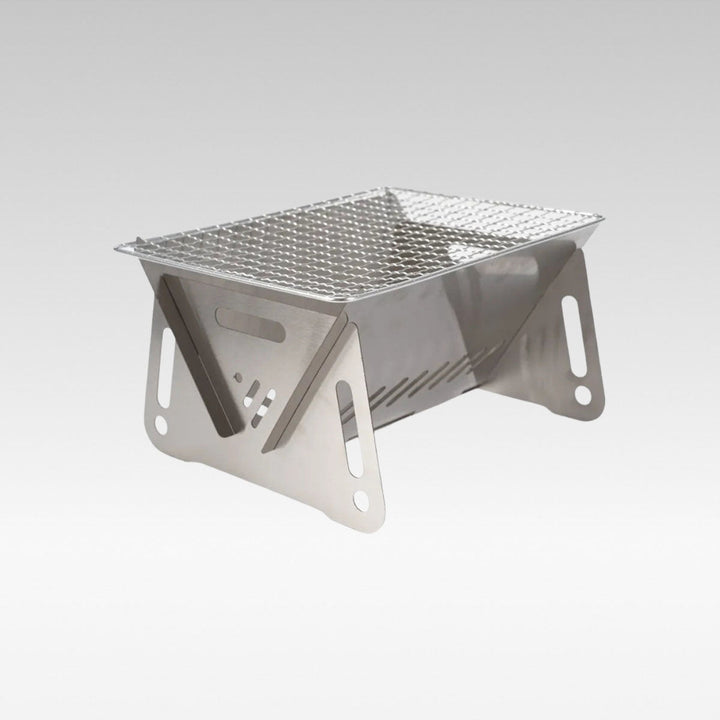Unisex portable stainless steel camping grill, compact and folded for backpacking and outdoor cooking.