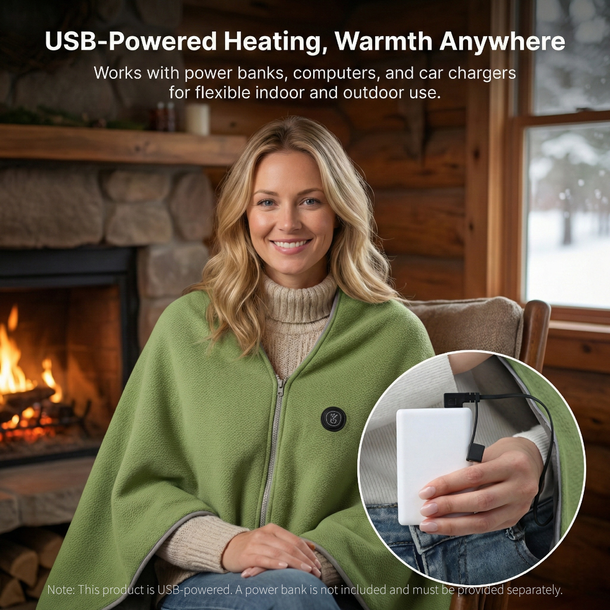 Lifestyle image of someone working at a desk, comfortable with a USB heated electric blanket
