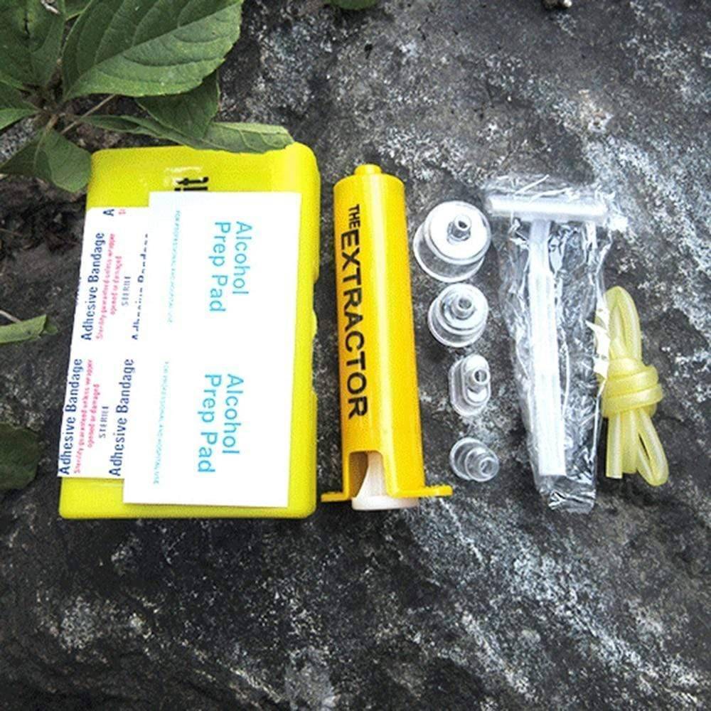 Compact venom extractor pump kit with suction tool, designed for emergency relief from bites during hiking and outdoor activities.