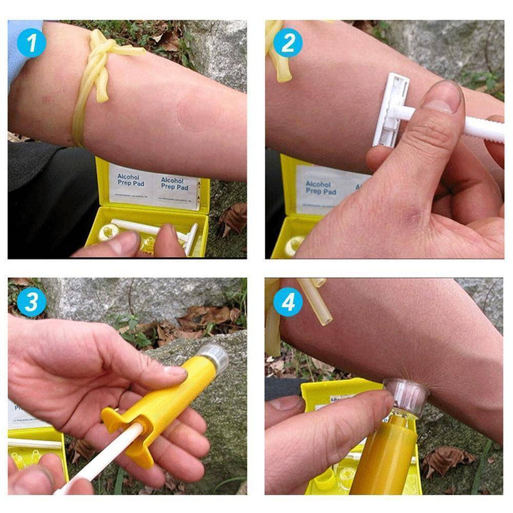 Portable venom extractor pump kit in a red case, essential first aid survival tool for emergency bite treatment and outdoor gear.