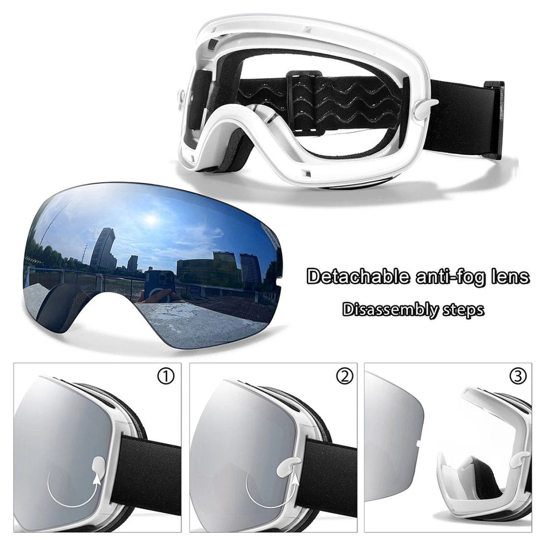Durable winter sports goggles: anti-fog, UV400, night vision, and helmet compatible design.