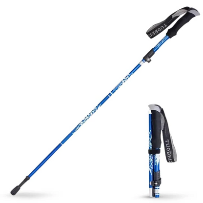 Foldable trekking pole, portable alloy steel walking stick with ergonomic grip for trails.