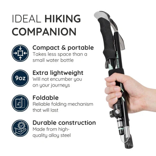 Compact foldable trekking pole, portable retractable walking stick for easy trail adventures.