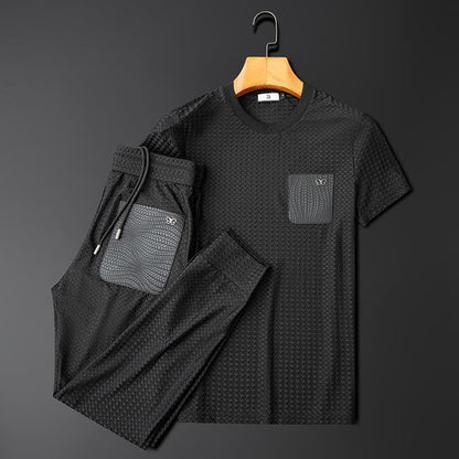 Royal Gray textured jacquard lounge set; soft luxury loungewear for men & women.