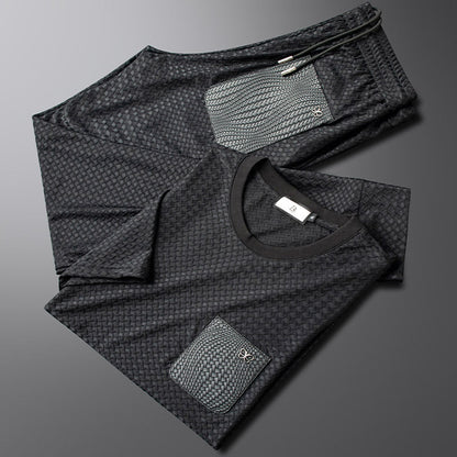 Comfortable jet black unisex matching set with premium jacquard texture for casual wear.