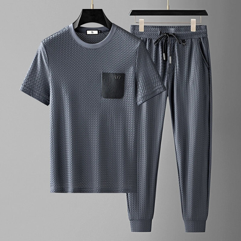 Royal Gray jacquard matching set, comfortable and luxurious for unisex everyday wear.