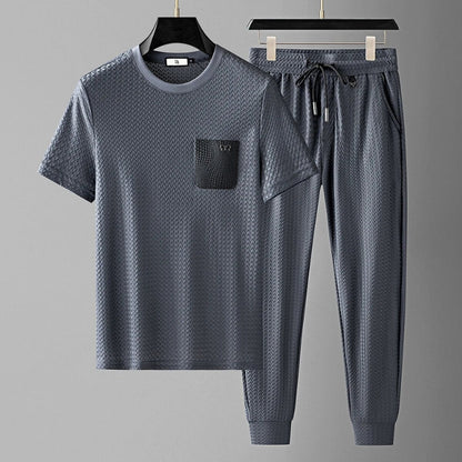 Royal Gray jacquard matching set, comfortable and luxurious for unisex everyday wear.