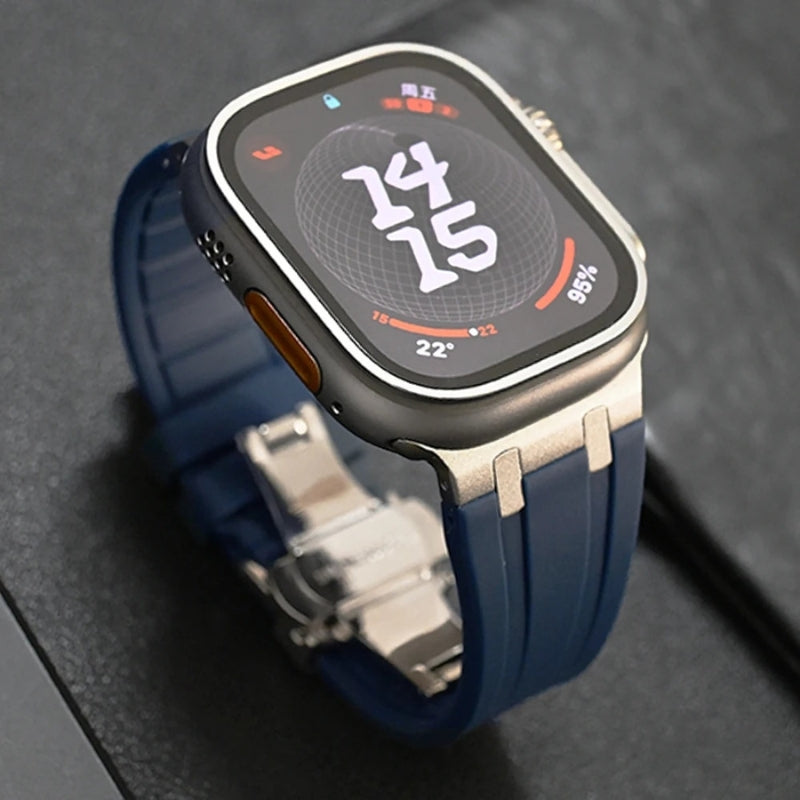 Hypoallergenic silicone smartwatch strap with durable titanium clasp for unisex wear.