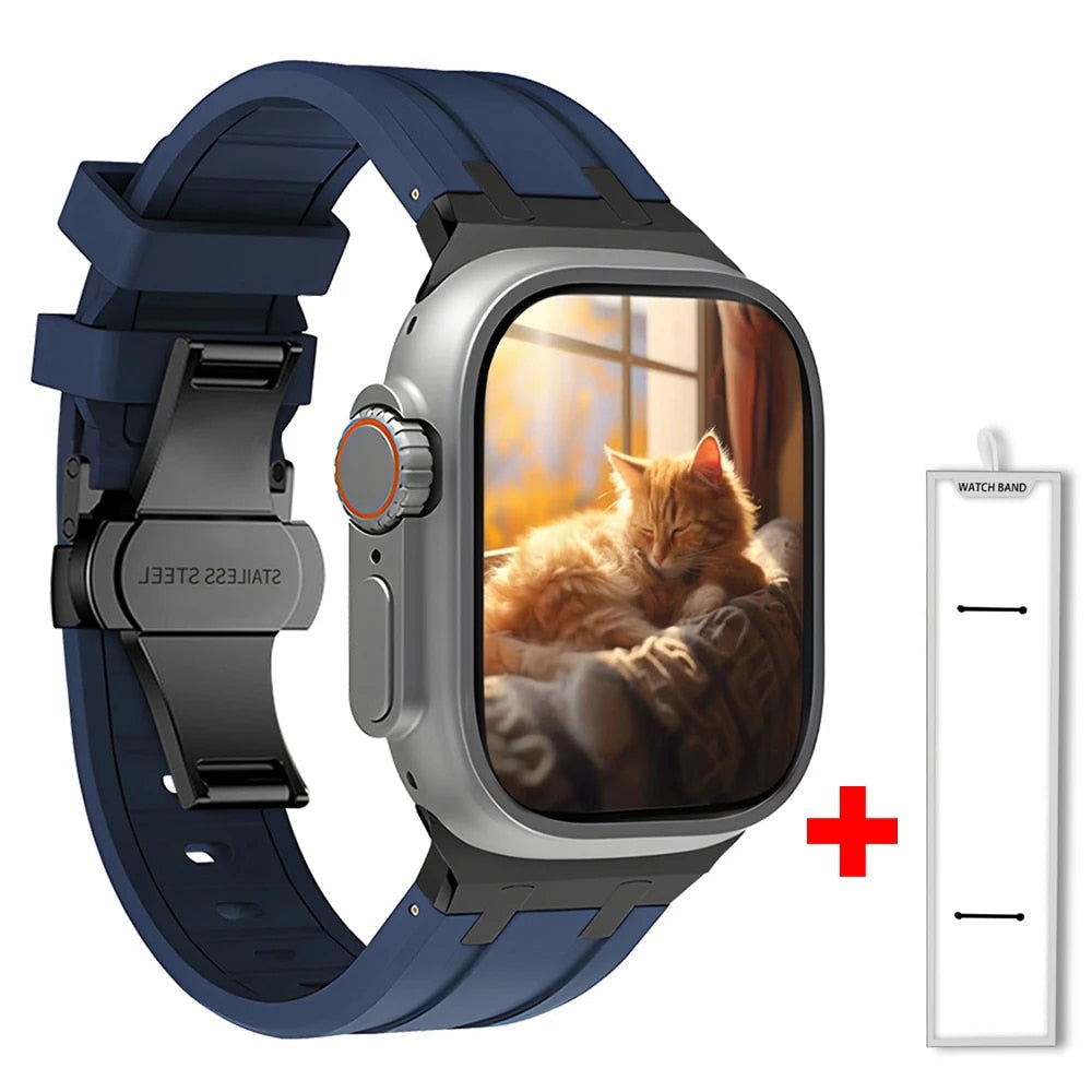 Hypoallergenic silicone smartwatch strap with titanium clasp for secure fit.