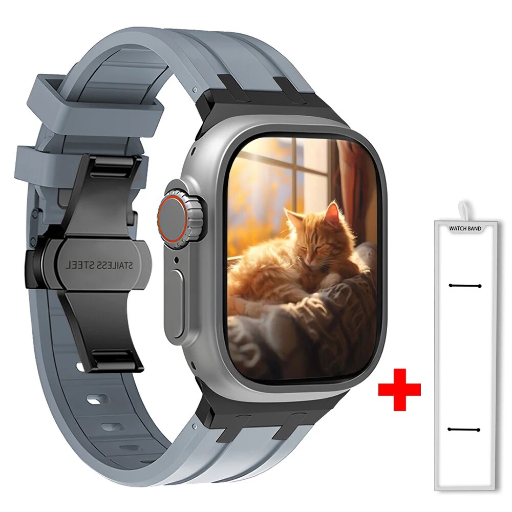 Stylish blue silicone smartwatch strap with onyx buckle, perfect for customization.