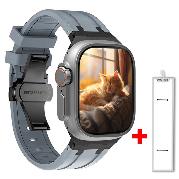 Stylish blue silicone smartwatch strap with onyx buckle, perfect for customization.