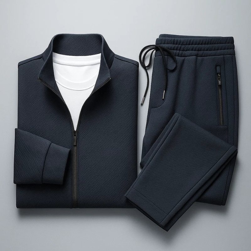 Modern unisex two-piece tracksuit set. Comfortable jogger pants and matching top for casual style & activewear.