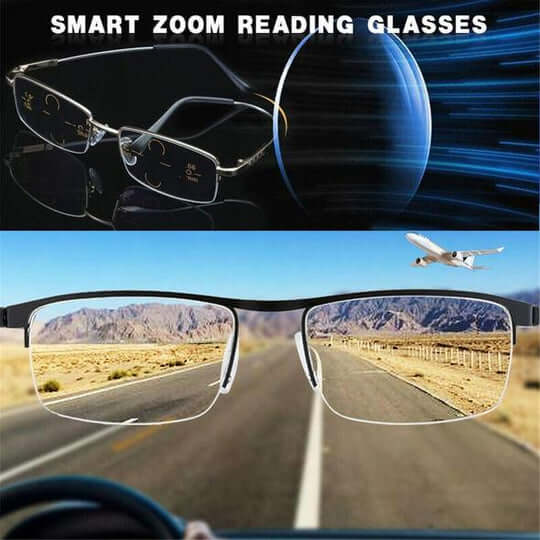 Advanced progressive multifocal glasses offer clear reading & distance vision. Unisex, lightweight, flexible frame.
