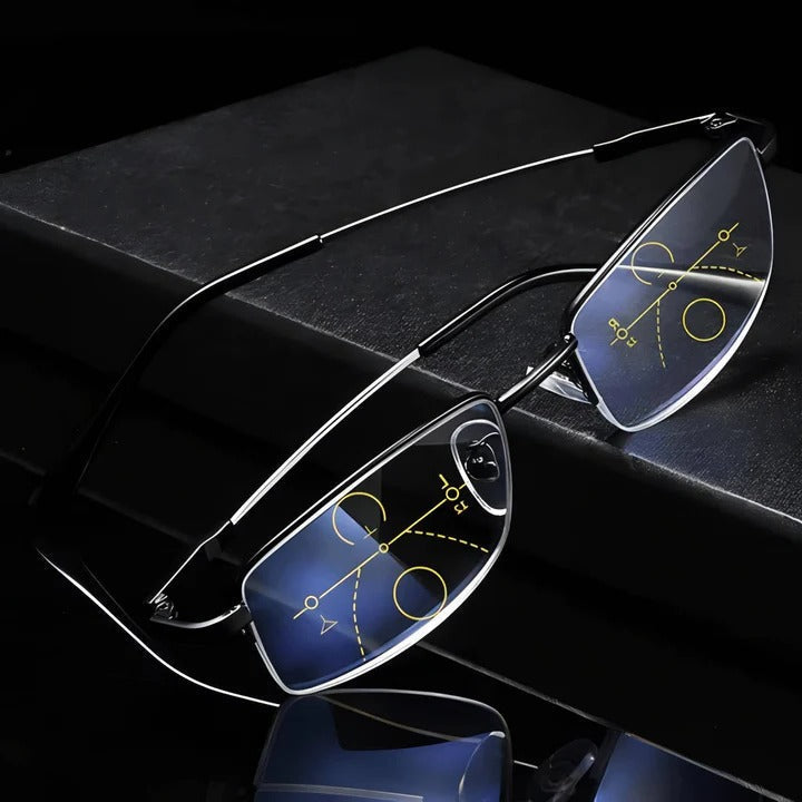 Unisex progressive smart reading glasses with photochromic lenses, blue light & UV protection for adaptive vision.