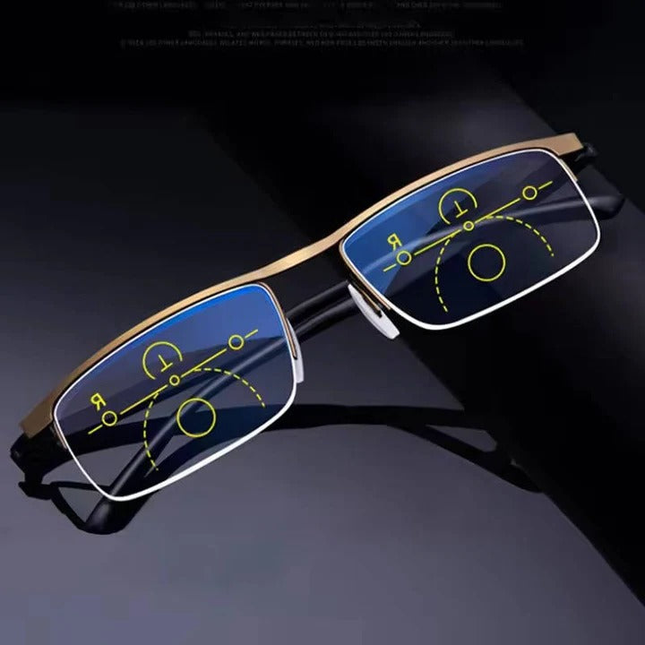 Adaptive progressive reading glasses, anti-glare & lightweight, with blue light & UV protection for clear vision.