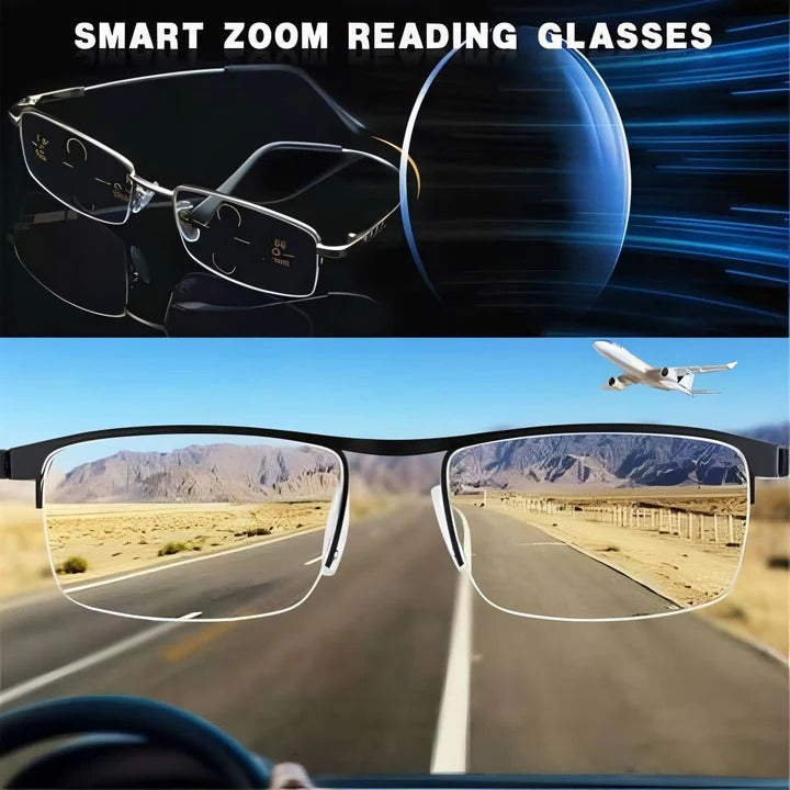 Lightweight unisex multifocal reading glasses featuring blue light filter & UV protection for optimal eye comfort.