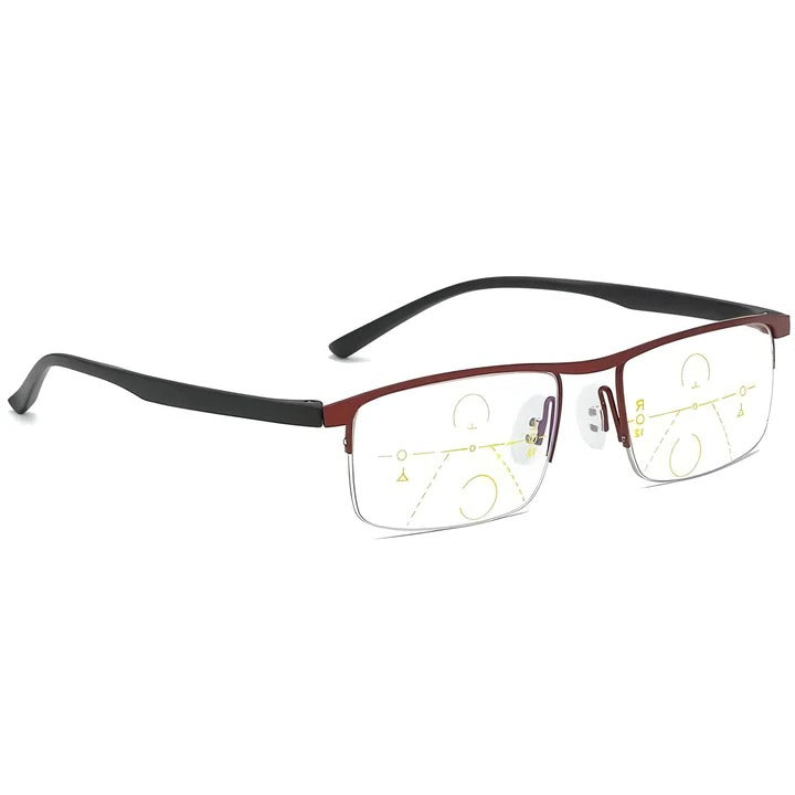 Multifocal smart reading glasses with blue light filtering, UV protection, and adaptive anti-glare lenses.