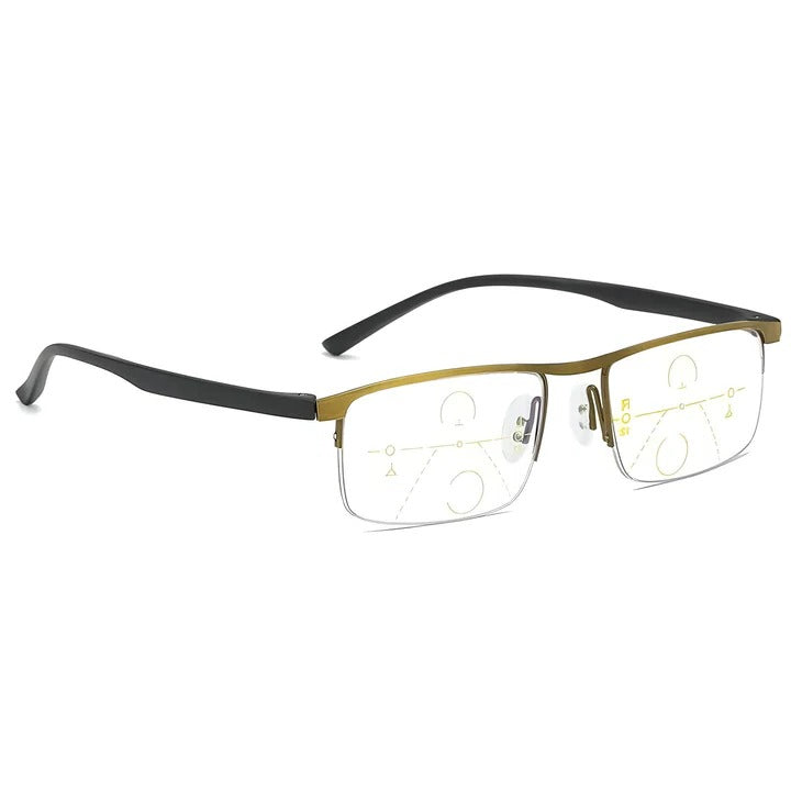 Lightweight unisex progressive reading glasses featuring smart photochromic & blue light blocking lenses.