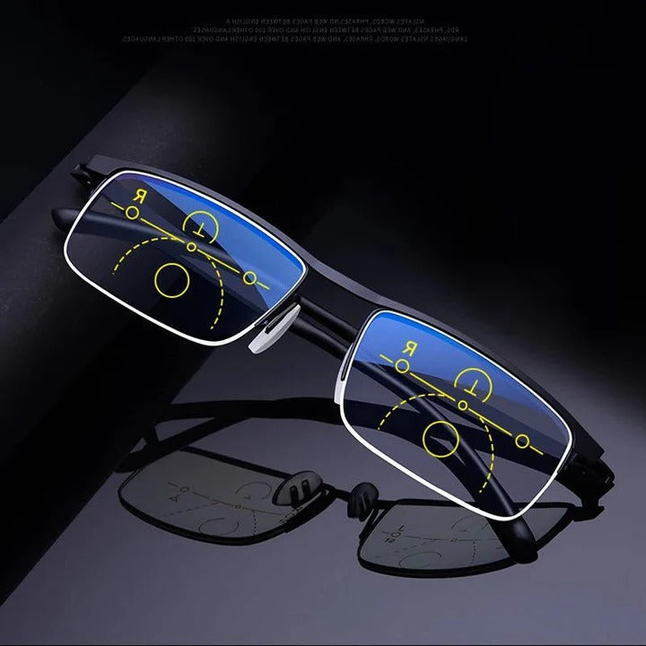 Progressive reading glasses for eye comfort, with blue light & UV protection and adaptive vision correction.