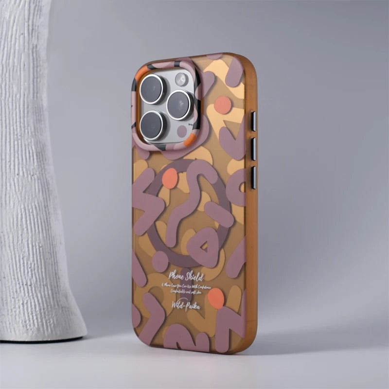 Stylish slim-fit graffiti iPhone case, compatible with wireless charging. A cool protective tech accessory.