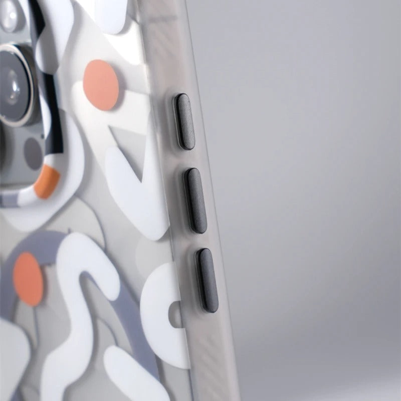 Wireless charging compatible graffiti iPhone case, protective, non-slip, and stylish tech accessory.
