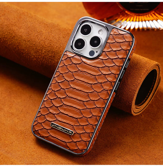 Unisex python textured iPhone case, luxury phone cover with premium protection.