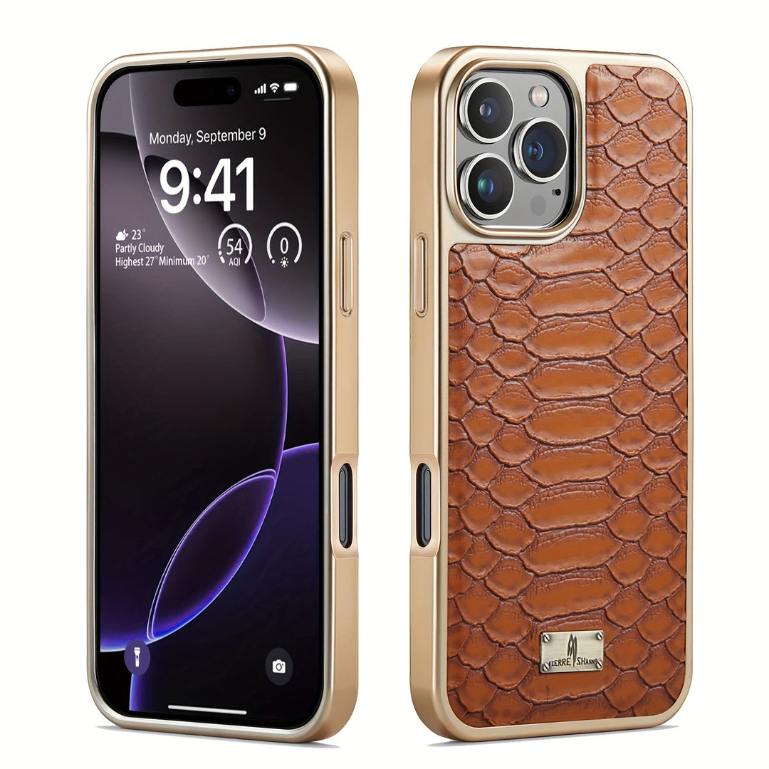 Tan python patterned iPhone case, slim fit, luxury feel, ideal phone protection.