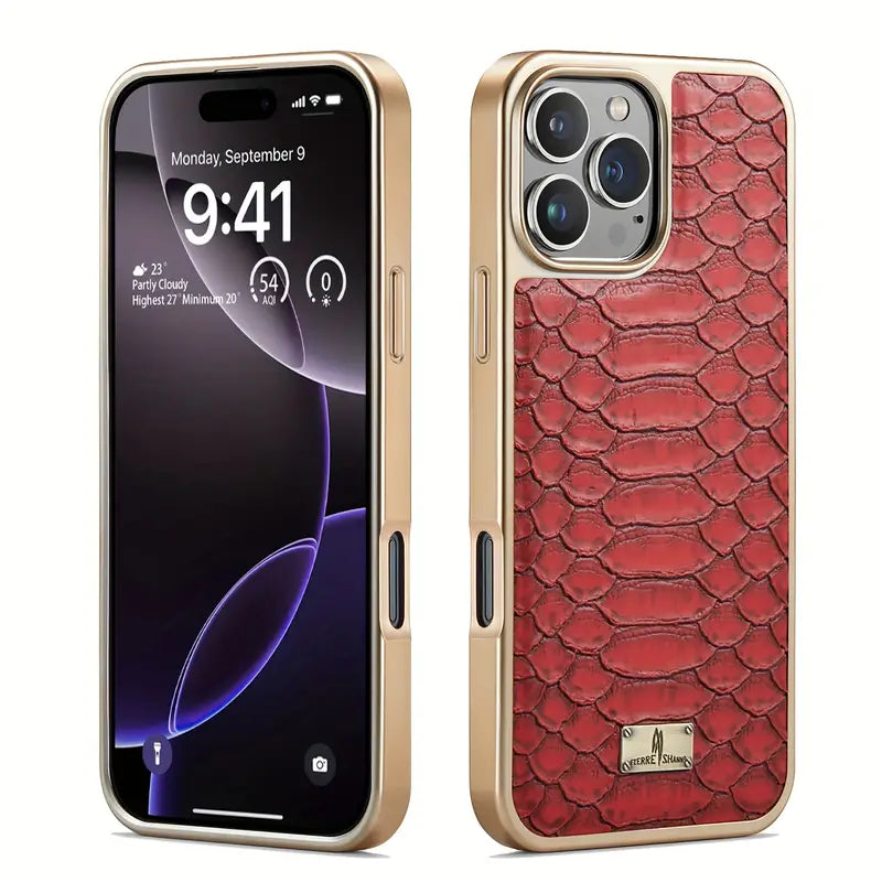 Black python skin texture iPhone case, premium cover with sleek aluminum frame.