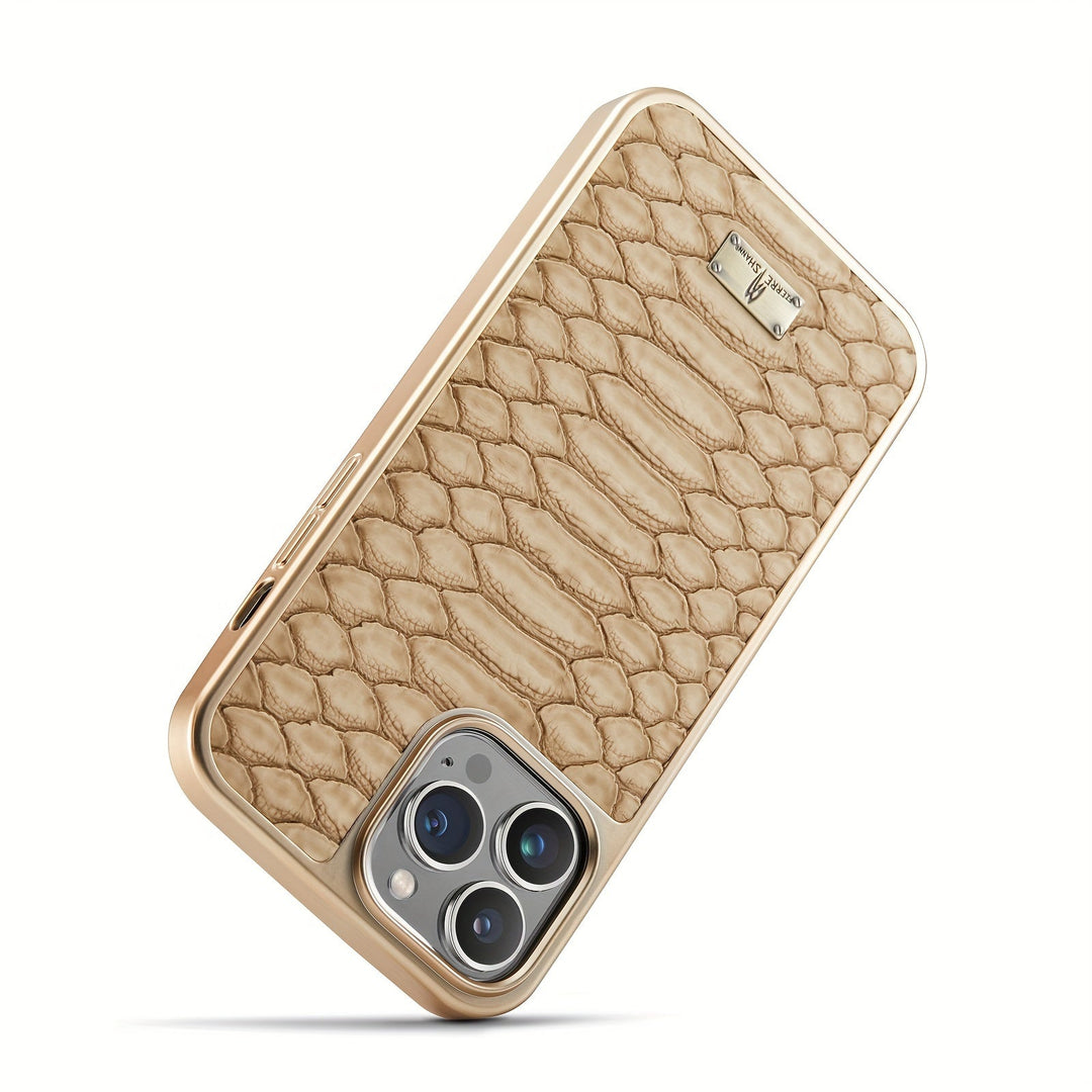 Red python textured luxury iPhone case, elegant accessory providing secure phone protection.