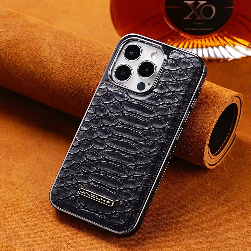 Tan python textured iPhone case, slim design with luxury feel & durable protection.