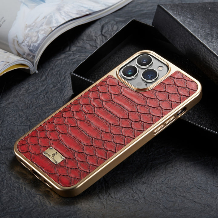 Durable python textured iPhone case with aluminum frame for ultimate phone protection.