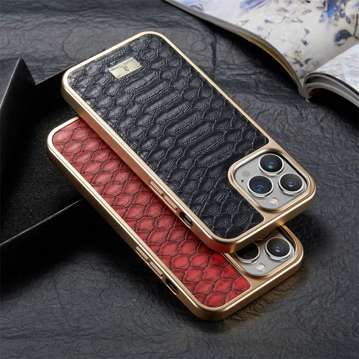 Slim beige python textured iPhone accessory, elegant style & secure phone protection.