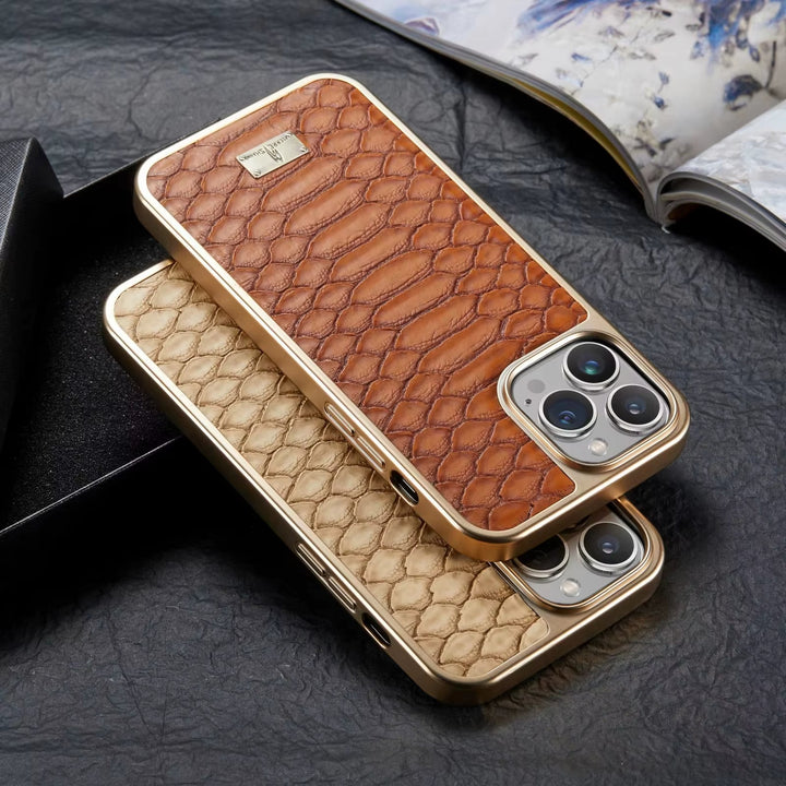 Brown python textured iPhone case, premium phone cover offering stylish protection.