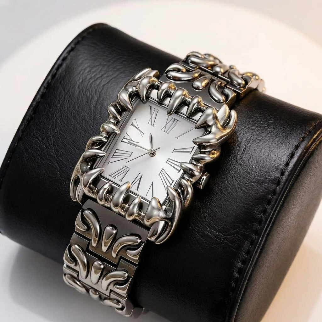 Unisex quartz watch with a bold, irregular dial and classic Roman numerals, a modern Y2K fashion accessory.